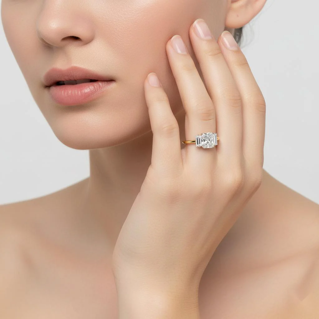 Radiant Three Stone with Cathedral Engagement Ring - Image 4