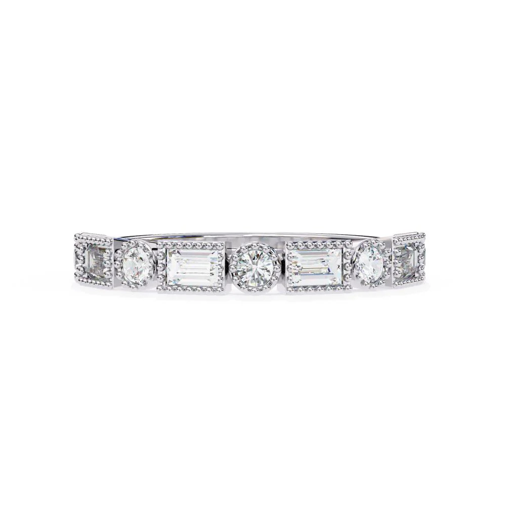Baguette & Round Half Milgrain Wedding Band - Image 3