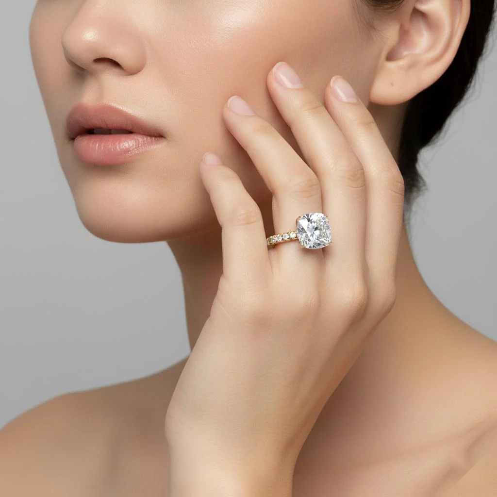 Cushion Double Claw Prong With Pave Band Engagement Ring - Image 4