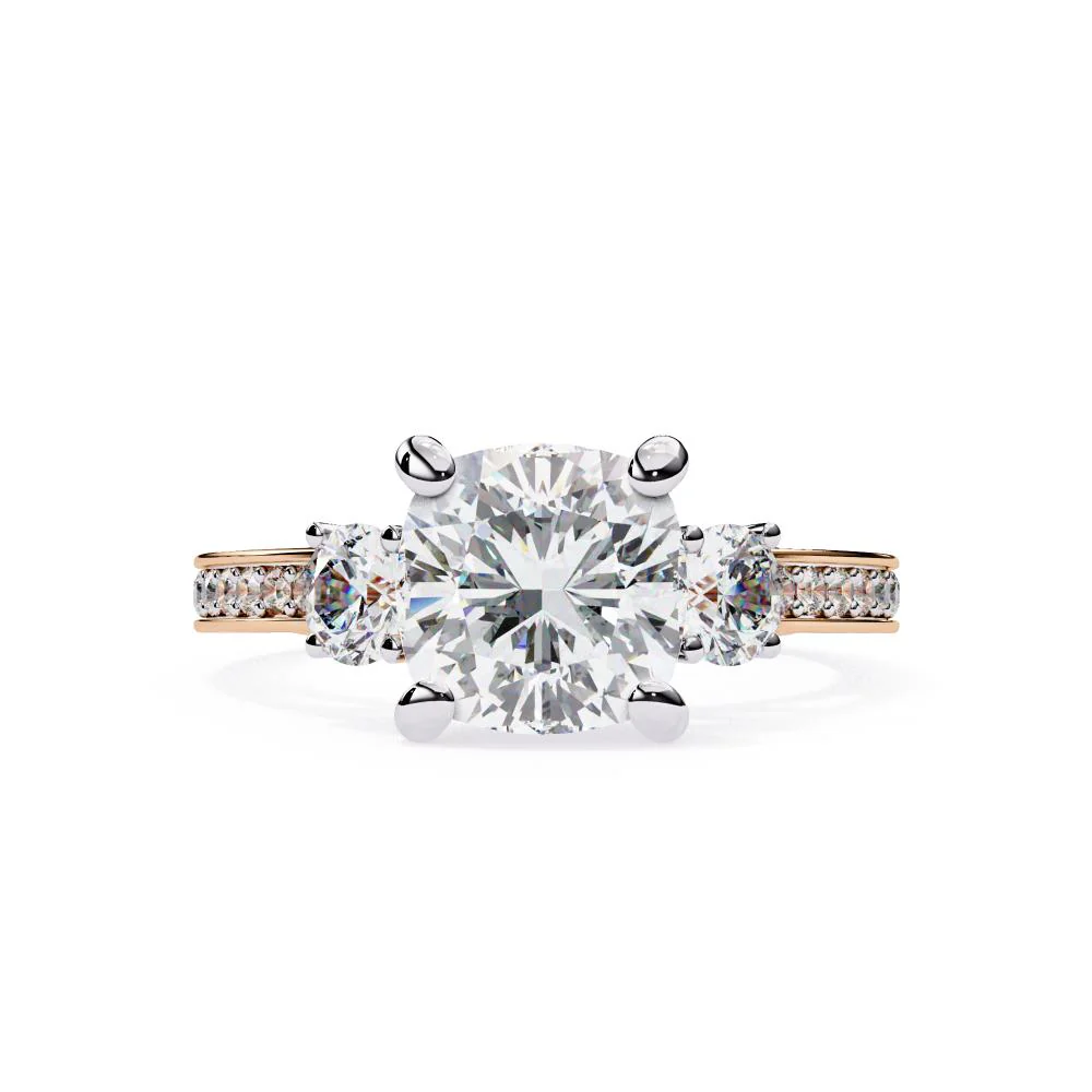 Cushion Three Stone with Studded Shank Engagement Ring - Image 2