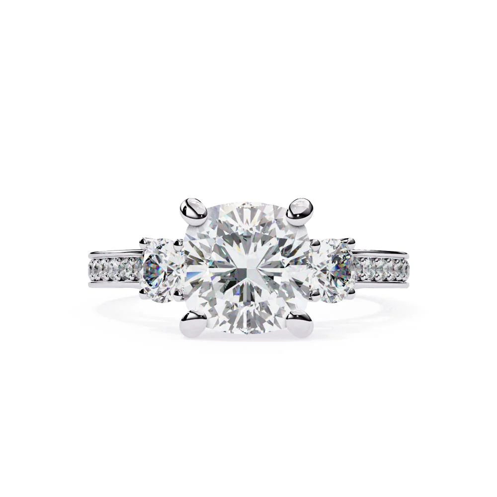 Cushion Three Stone with Studded Shank Engagement Ring - Image 3