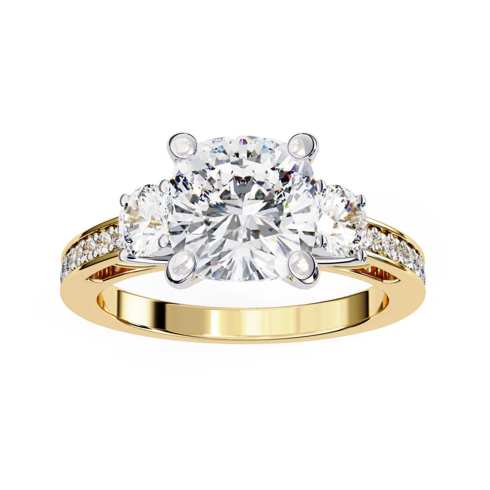 Cushion Three Stone with Studded Shank Engagement Ring - Image 7