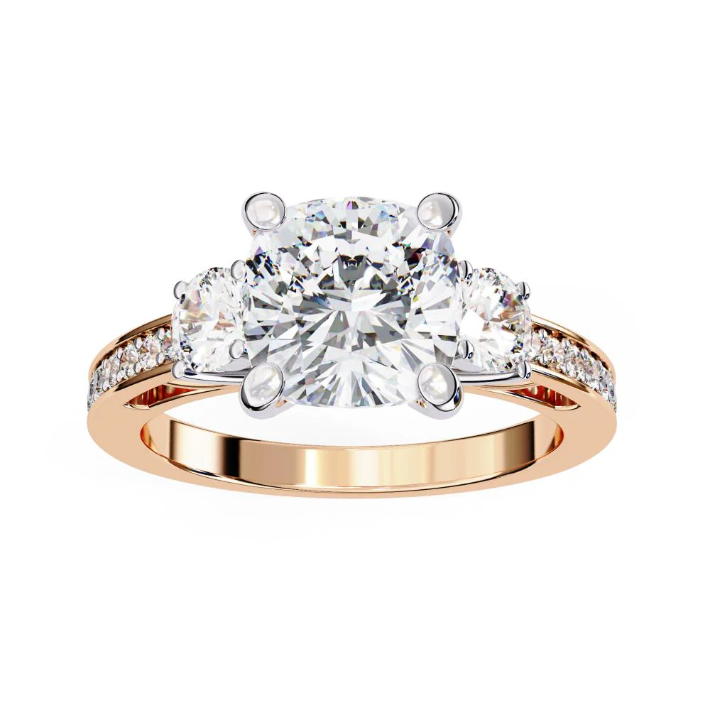 Cushion Three Stone with Studded Shank Engagement Ring - Image 8