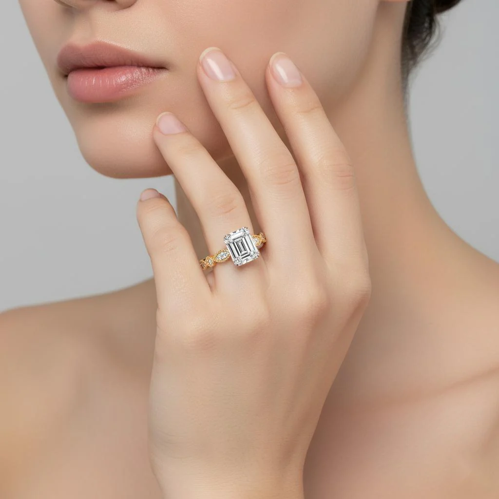Emerald Cathedral with Milgrain Band Engagement Ring - Image 4
