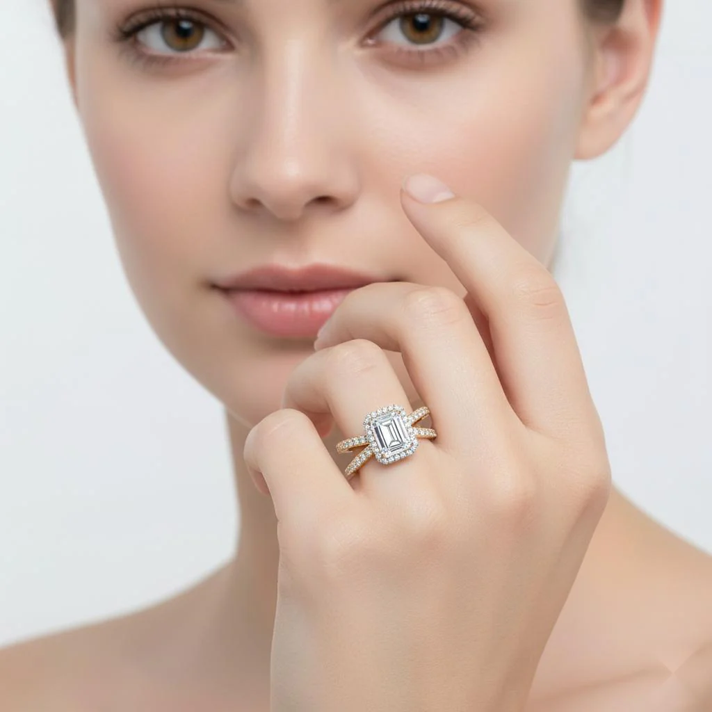 Emerald Halo with Split Shank Engagement Ring - Image 4