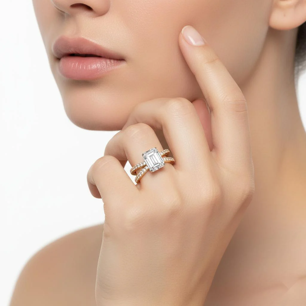 Emerald Hidden Halo With Split Shank Engagement Ring - Image 4