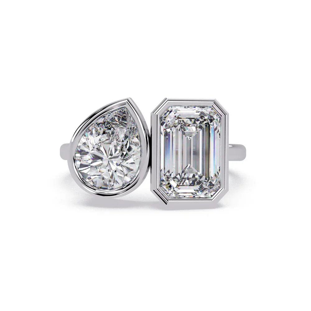 Emerald & Pear Bezel Set Toi Et Moi Engagement ring - Image 3