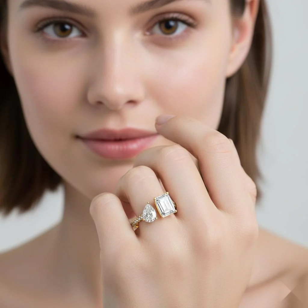 Emerald & Pear With Pave Toi Et Moi Engagement Ring - Image 4