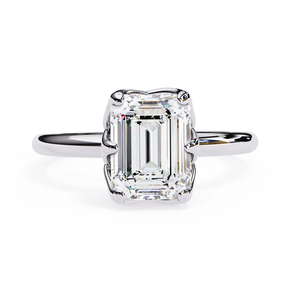 Emerald Solitaire with Lotus Flower Prong Engagement Ring - Image 3
