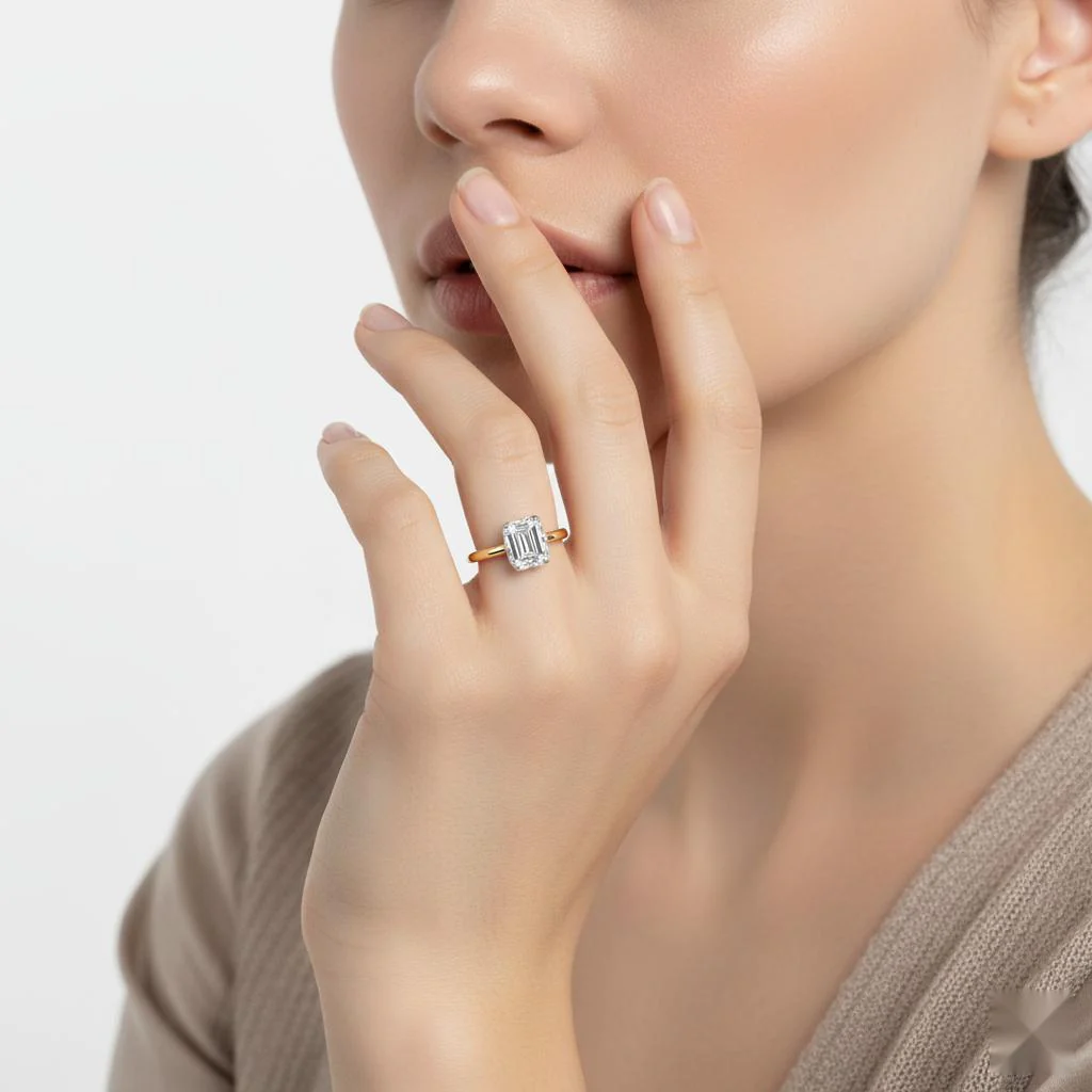Emerald Solitaire with Lotus Flower Prong Engagement Ring - Image 4