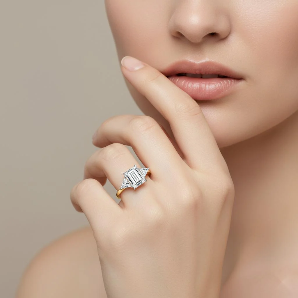 Emerald  With Triangle Three Stone Engagement Ring - Image 4