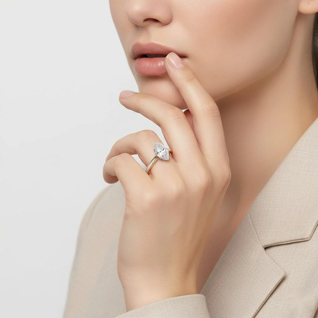 Marquise Hidden Accent with Pointer Band Engagement Ring - Image 4