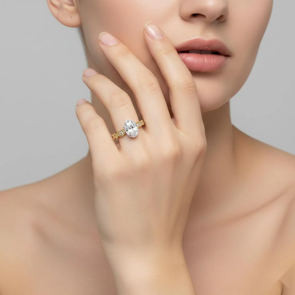Oval Cathedral with Milgrain Band Engagement Ring - Image 4