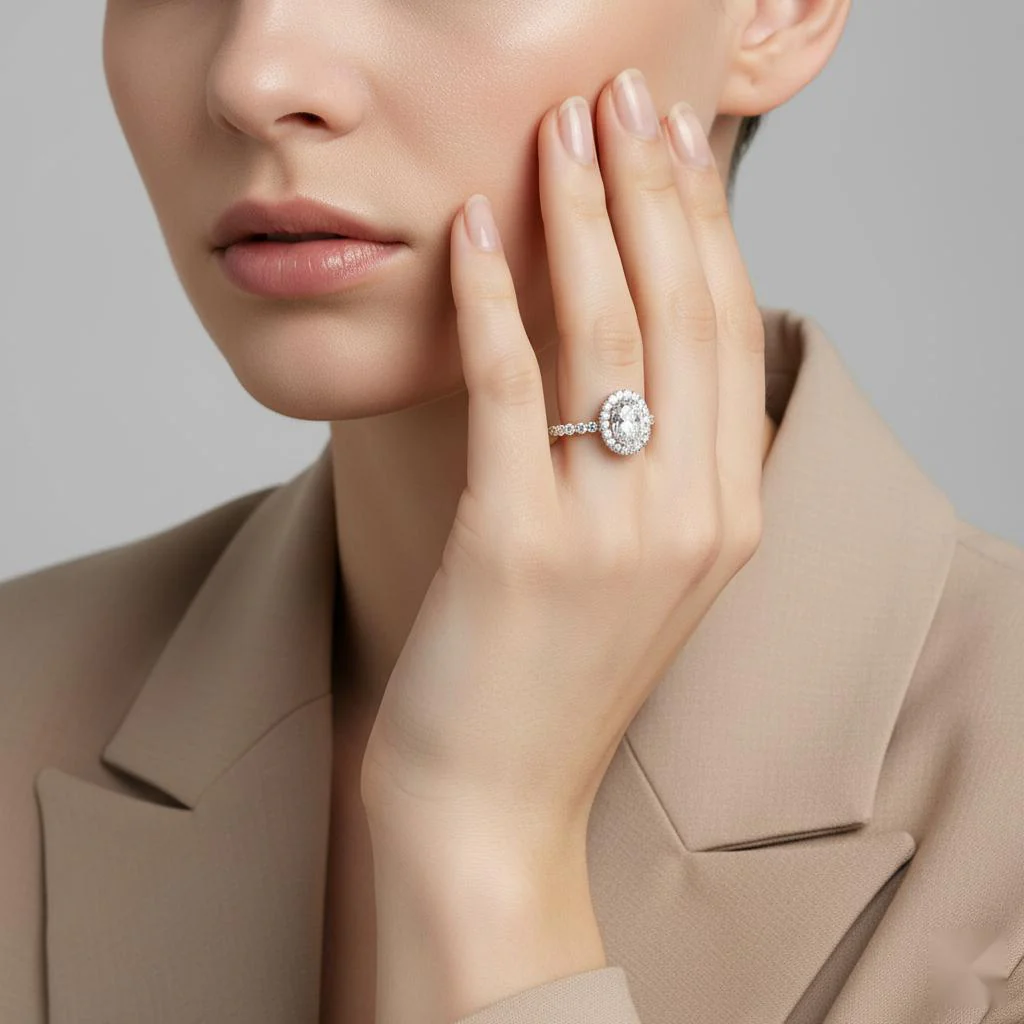 Oval Halo with Shared Prong Band Engagement Ring - Image 4