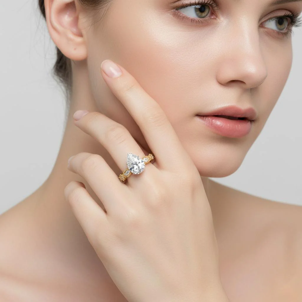 Pear Cathedral with Milgrain Band Engagement Ring - Image 4