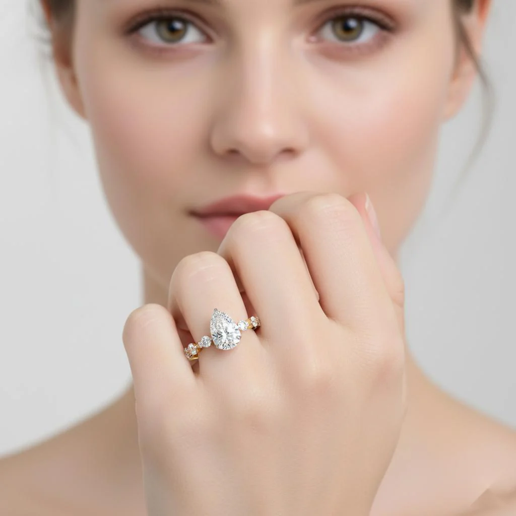 Pear Hidden Halo with Shared Prong Engagement Ring - Image 4