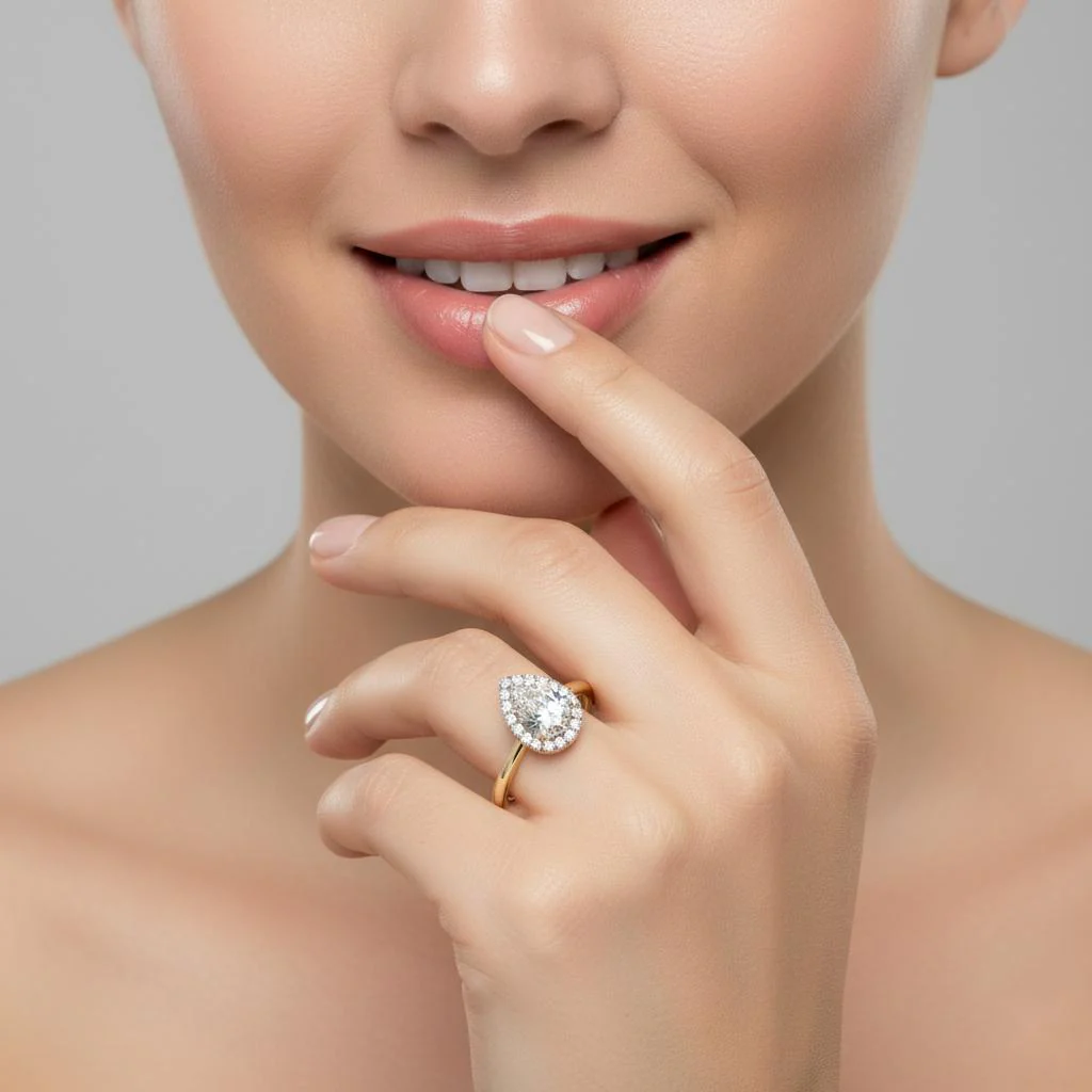 Pear Solitaire with Halo Engagement ring - Image 4