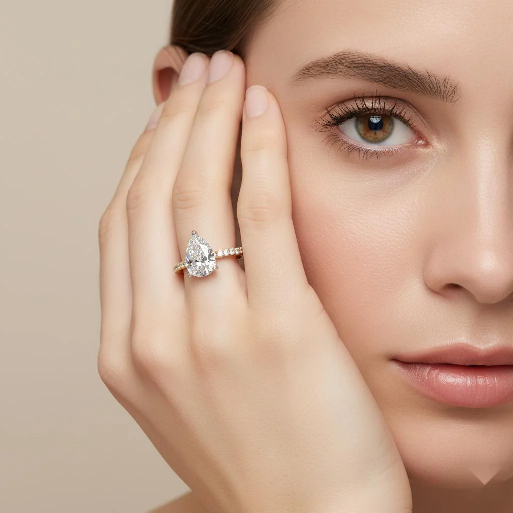 Pear Unique Hidden Halo with Pave Engagement Ring - Image 4