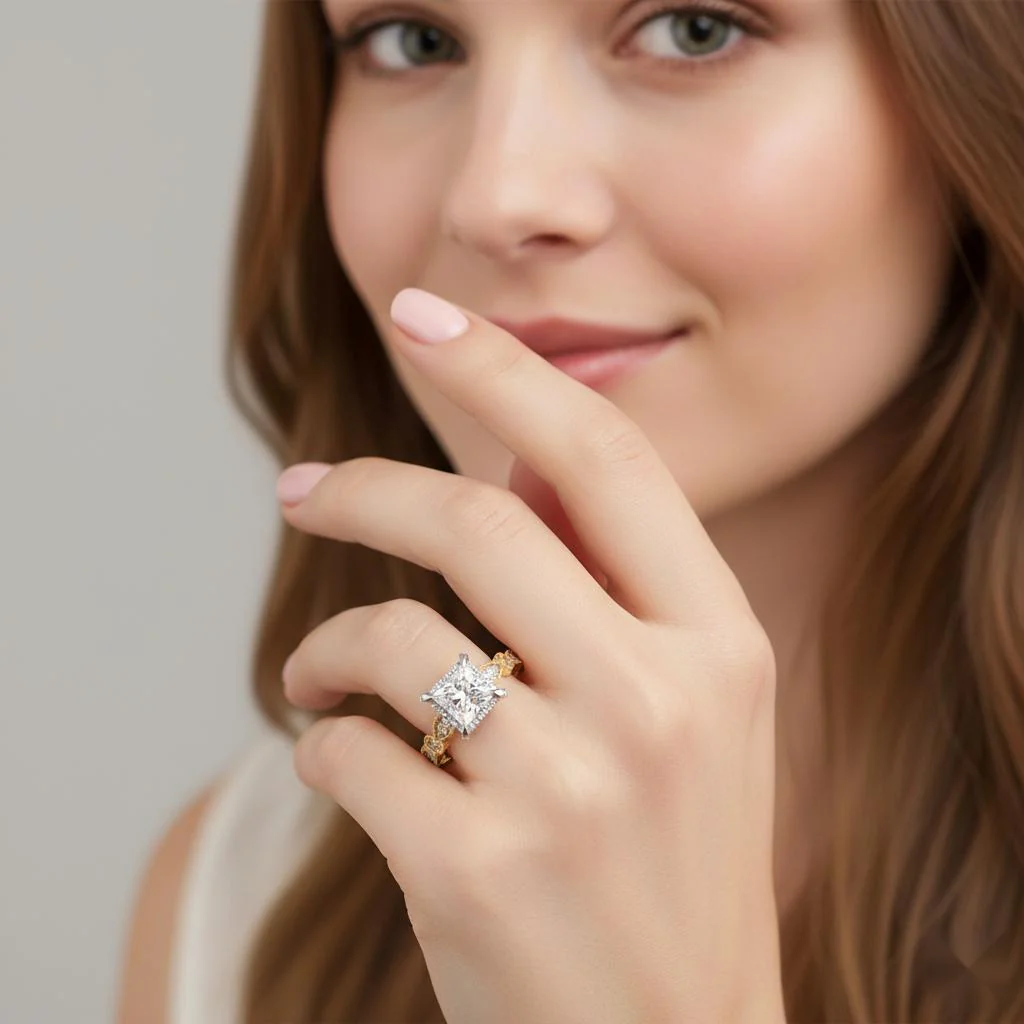 Princess Halo with Milgrain Engagement Ring - Image 4