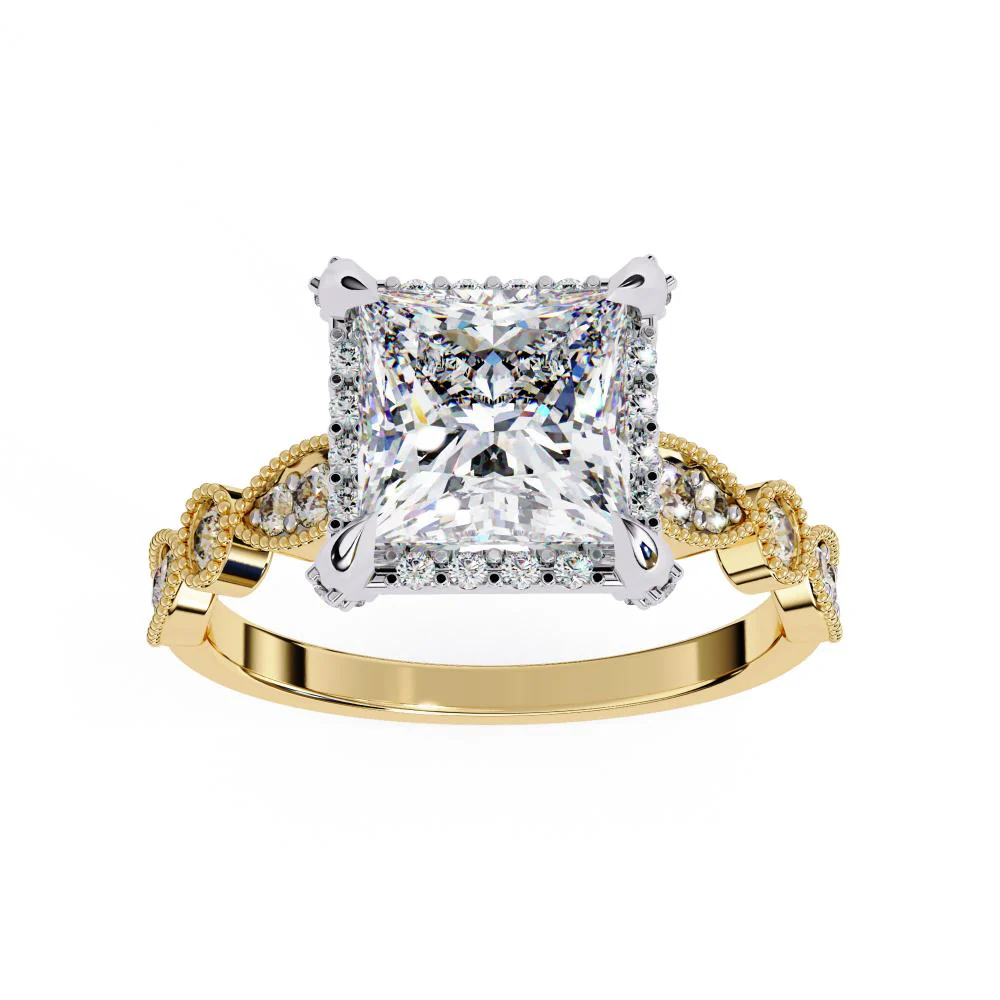 Princess Halo with Milgrain Engagement Ring - Image 5