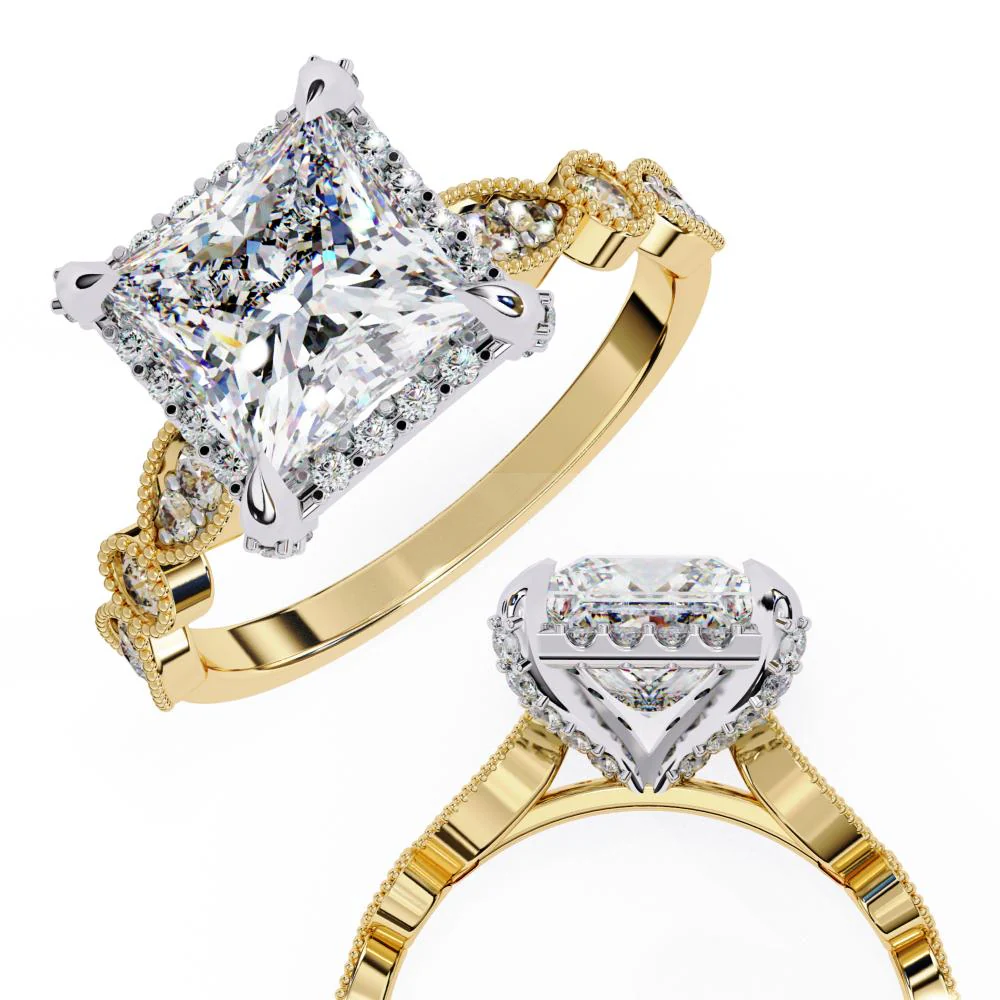 Princess Halo with Milgrain Engagement Ring - Image 8