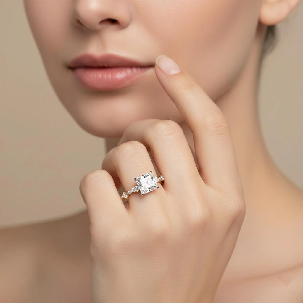 Princess Hidden Halo with Accent Stone Engagement Ring - Image 4