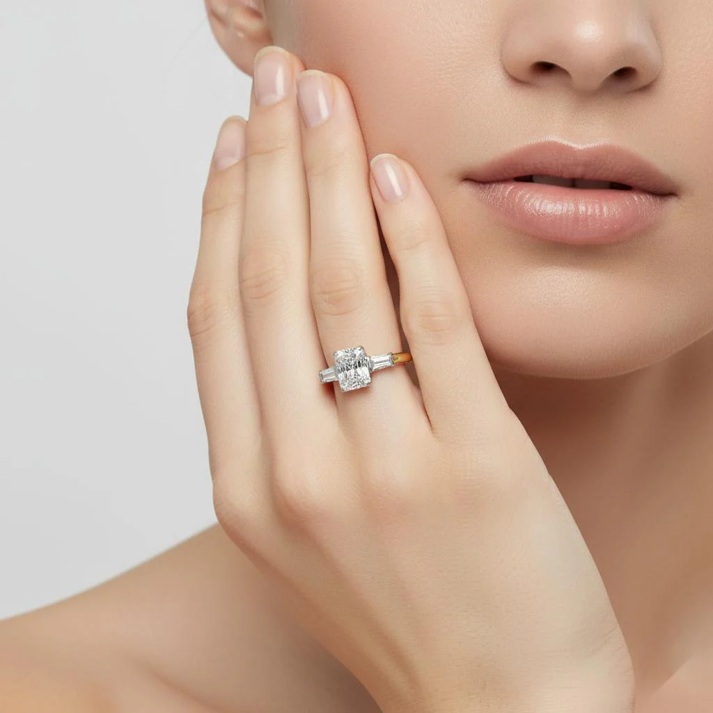 Radiant with Baguette Three Stone Engagement Ring - Image 4