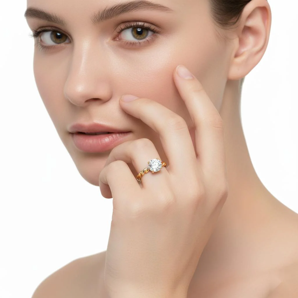 Round Solitaire with Rope Band Engagement Ring - Image 4