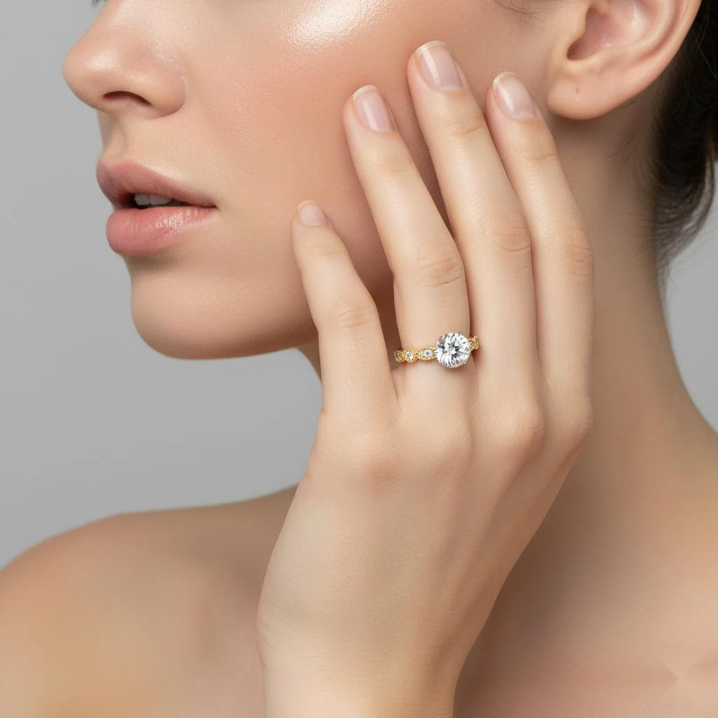 Round Cathedral with Milgrain Band Engagement Ring - Image 4